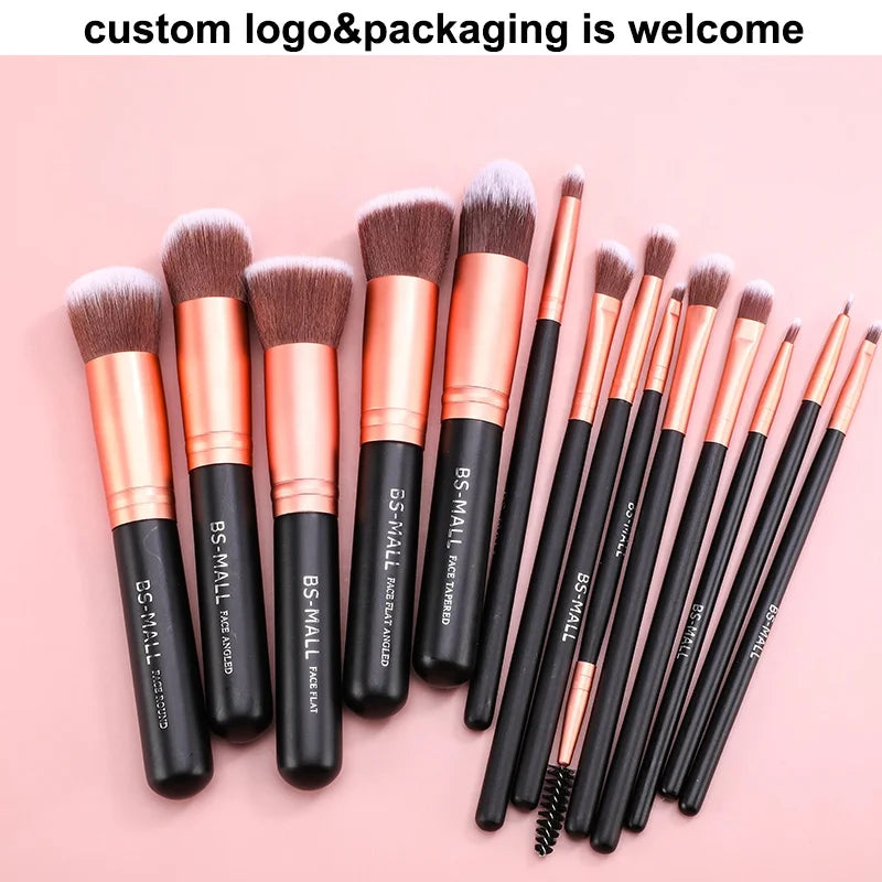 BS-MALL 14pcs Rose Gold Makeup Brush Set Private Label Custom Logo Synthetic Wooden Hanlde Vegan Best Seller Makeup Brushes