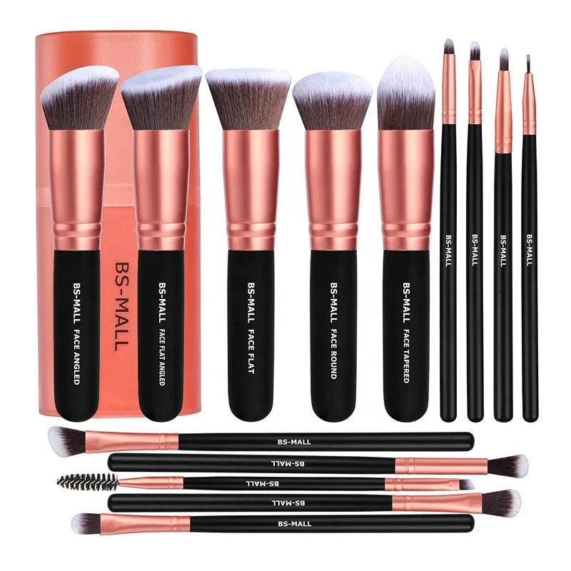 BS-MALL 14pcs Rose Gold Makeup Brush Set Private Label Custom Logo Synthetic Wooden Hanlde Vegan Best Seller Makeup Brushes