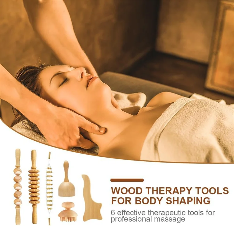 Soothing Anti Cellulite Massager Wooden 6pcs/set Wood Therapy Tools Massage Set Gua Sha Kit Wood Therapy Massage Tools