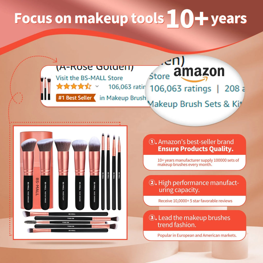 BS-MALL 14pcs Rose Gold Makeup Brush Set Private Label Custom Logo Synthetic Wooden Hanlde Vegan Best Seller Makeup Brushes