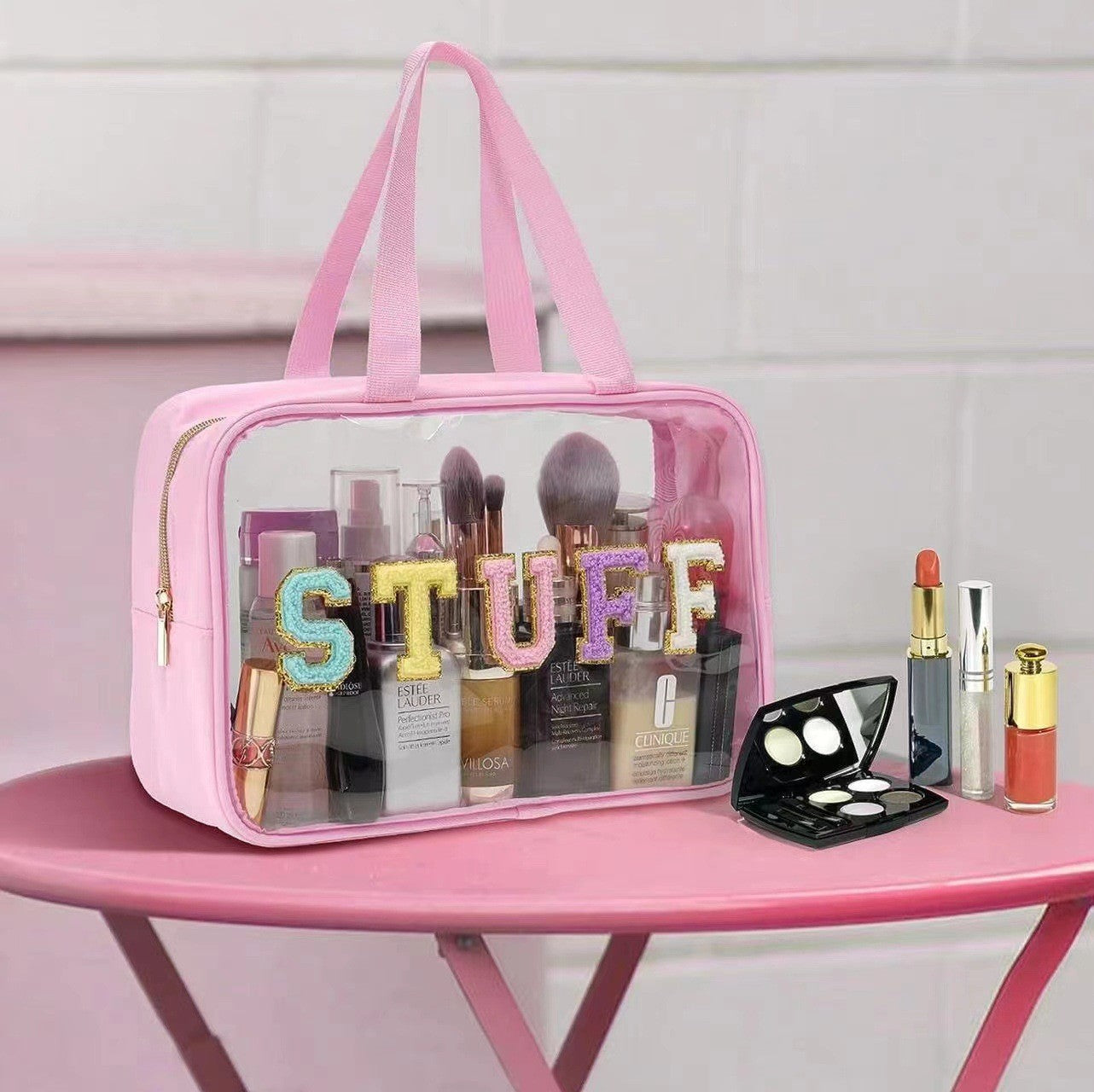 Cross-border Hot Selling Large Capacity Toiletry Bag Double Hand Storage Bag PVC Transparent Bag Travel STUFF Letter Cosmetic Bag