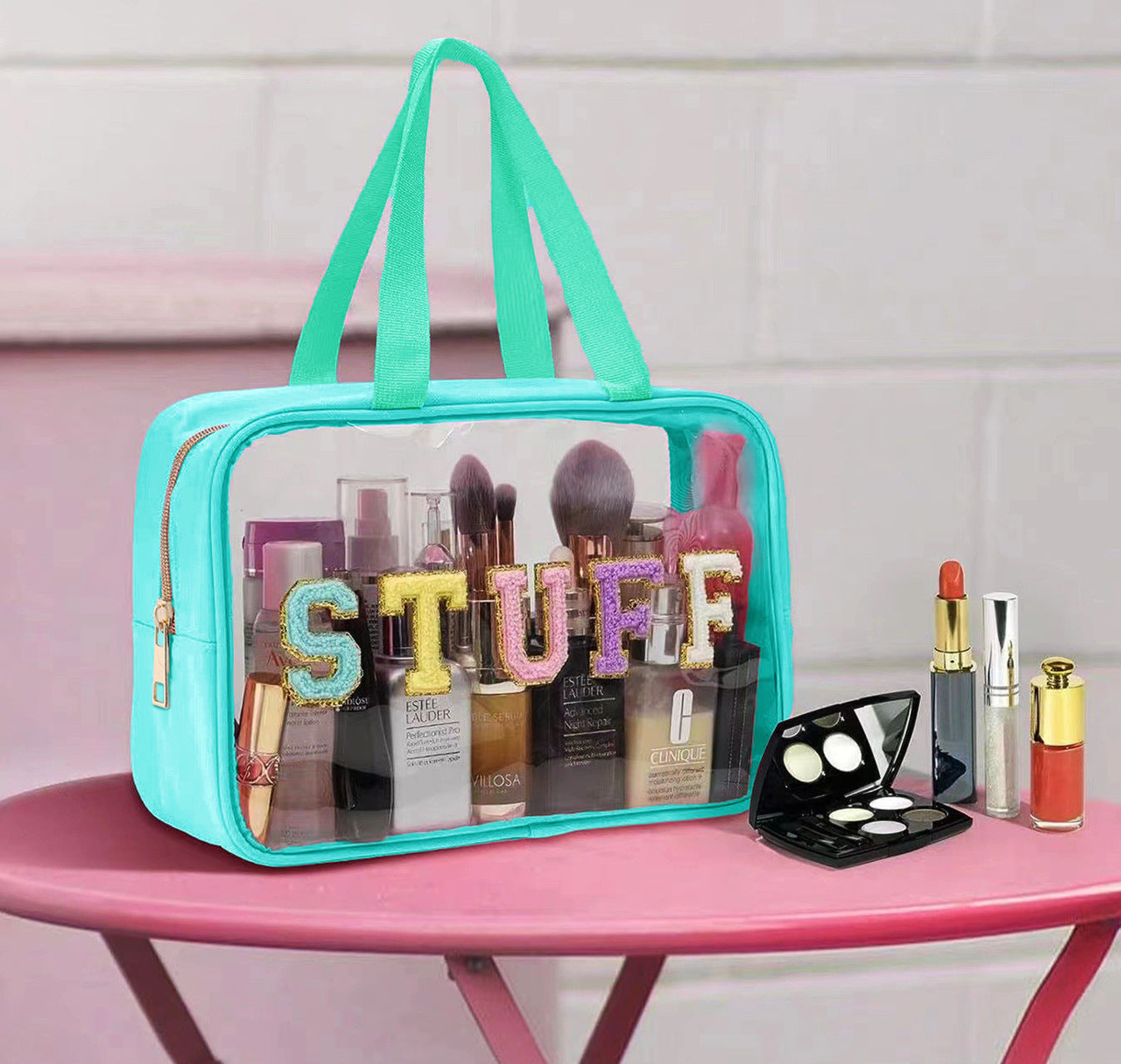 Cross-border Hot Selling Large Capacity Toiletry Bag Double Hand Storage Bag PVC Transparent Bag Travel STUFF Letter Cosmetic Bag