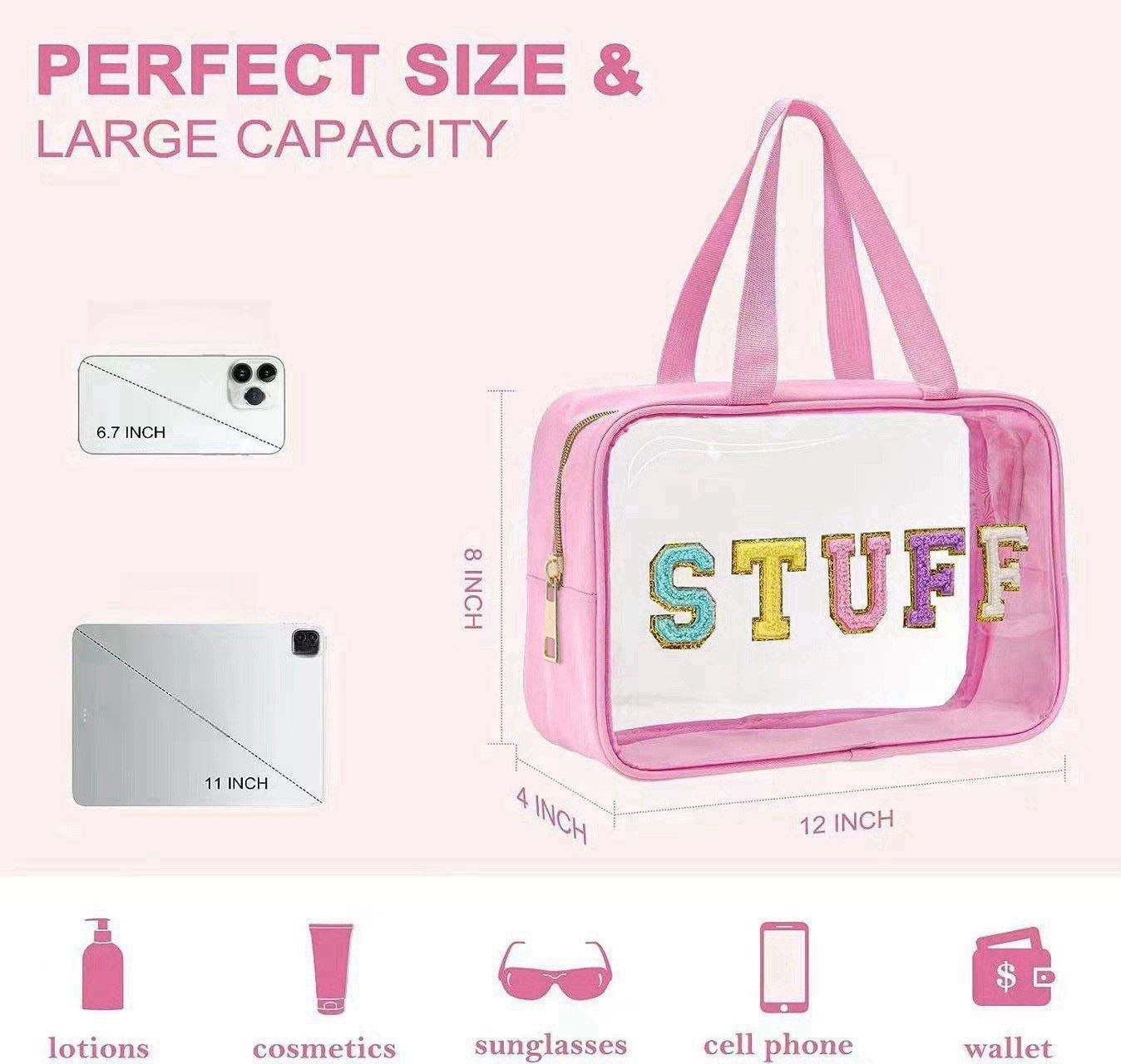 Cross-border Hot Selling Large Capacity Toiletry Bag Double Hand Storage Bag PVC Transparent Bag Travel STUFF Letter Cosmetic Bag