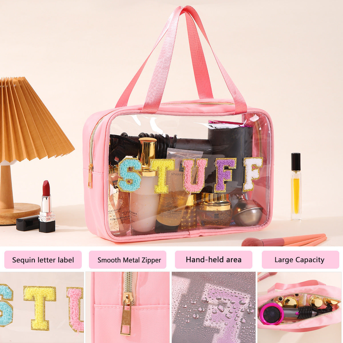 Cross-border Hot Selling Large Capacity Toiletry Bag Double Hand Storage Bag PVC Transparent Bag Travel STUFF Letter Cosmetic Bag
