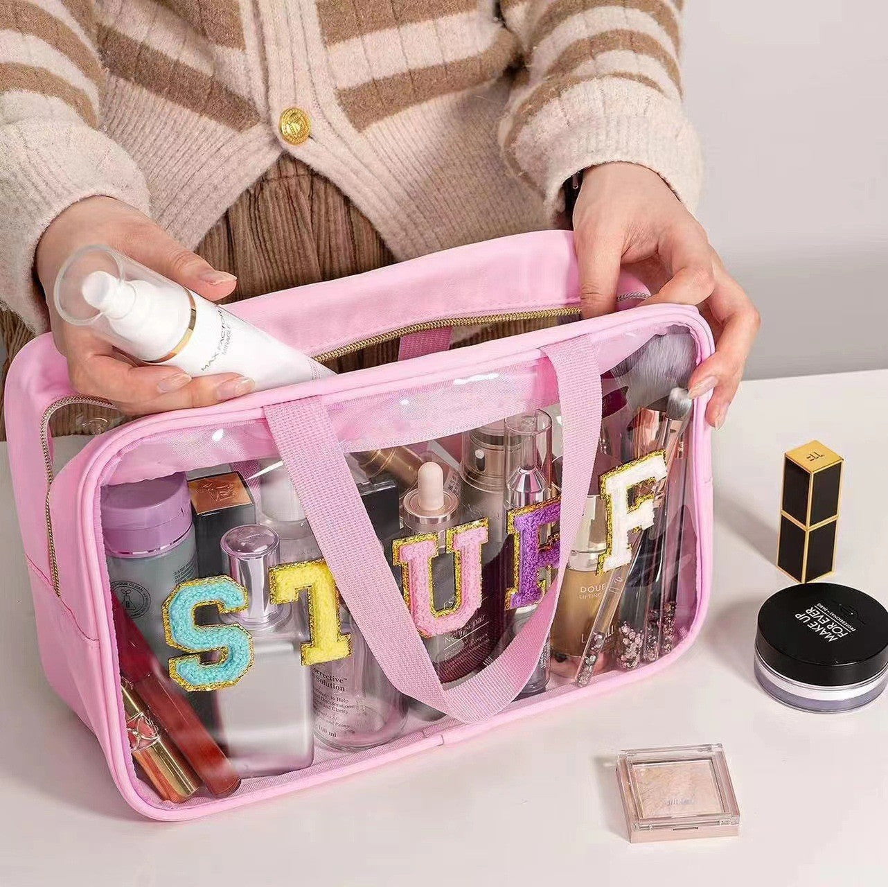 Cross-border Hot Selling Large Capacity Toiletry Bag Double Hand Storage Bag PVC Transparent Bag Travel STUFF Letter Cosmetic Bag