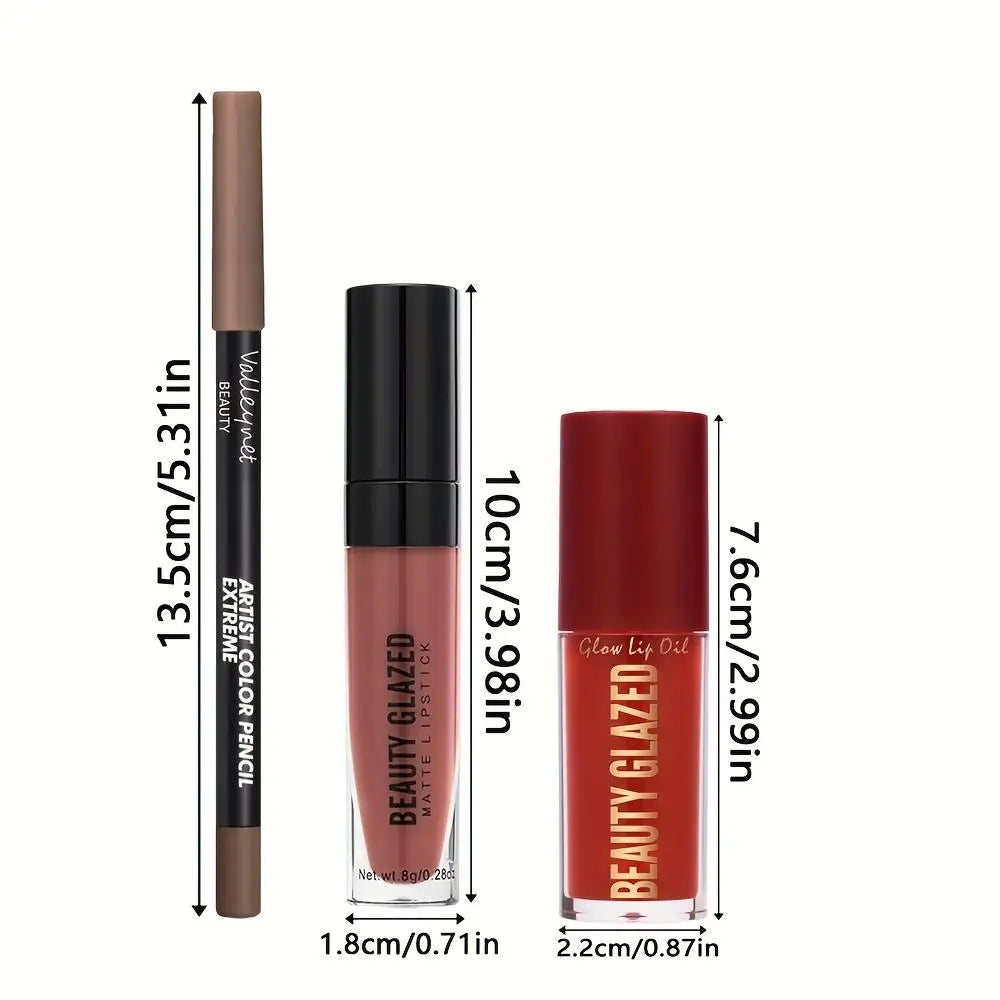 3pcs/Set Makeup Set: Matte Lip Liner + Lip Glaze + Moisturizing Lip Oil, Long-Lasting and Easy to Color, Waterproof and Sweat-Pr
