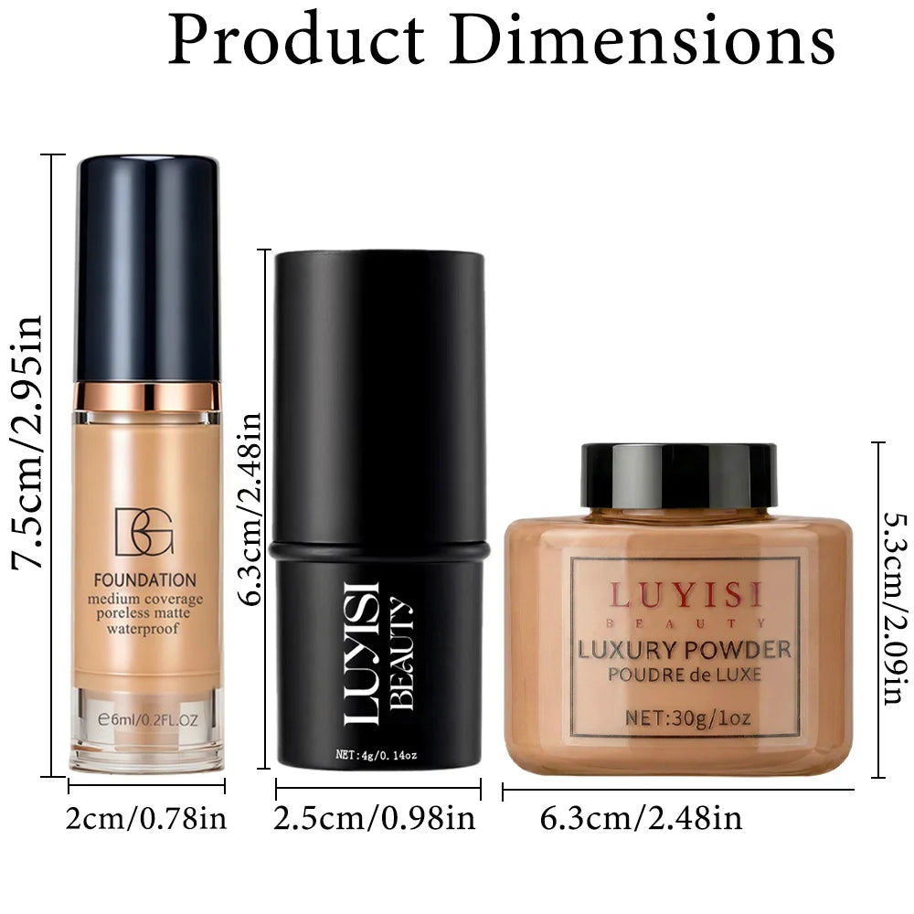 Facial Makeup Set:1PC Matte Foundation+1PC Contouring Stick+1PC Oil-Control Powder,Full Coverage,Waterproof And Sweatproof.