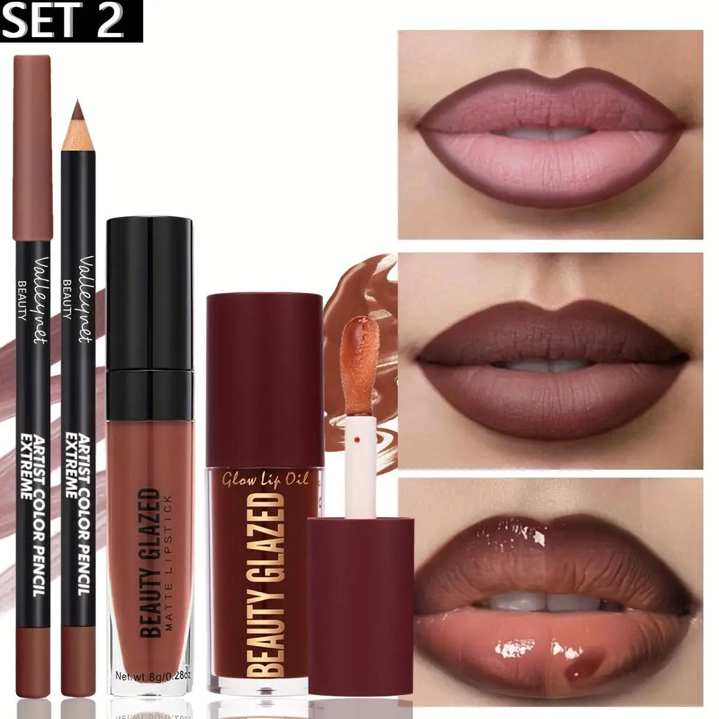 3pcs/Set Makeup Set: Matte Lip Liner + Lip Glaze + Moisturizing Lip Oil, Long-Lasting and Easy to Color, Waterproof and Sweat-Pr