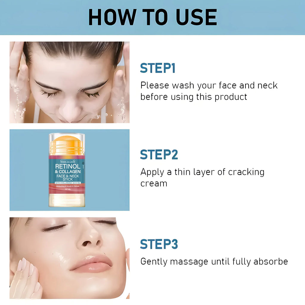 Retinol and Collagen Facial and Neck Care Stick Containing Hyaluronic Acid 5%, Moisturizing and Firming, Locking in Moisture, Day and Night Care, Portable Skin Care