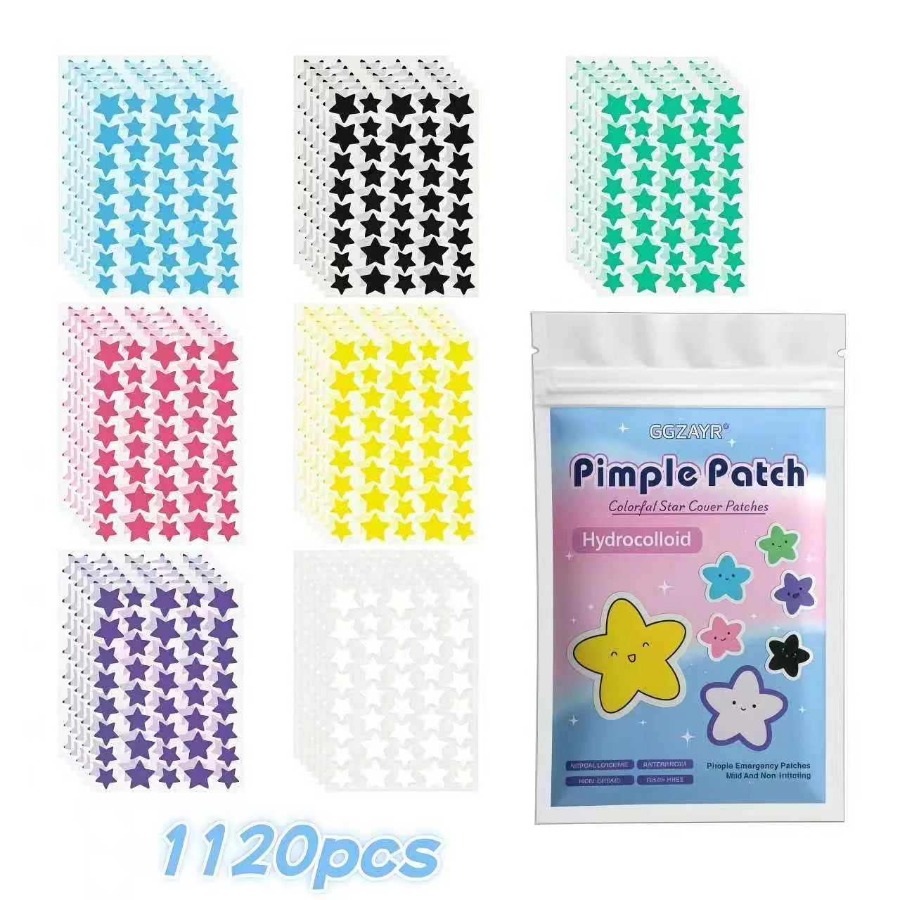 280/1120/1680 parches para espinillas y estrellas de siete colores: puntos hidrocoloides invisibles para un cuidado de la piel divertido y suave